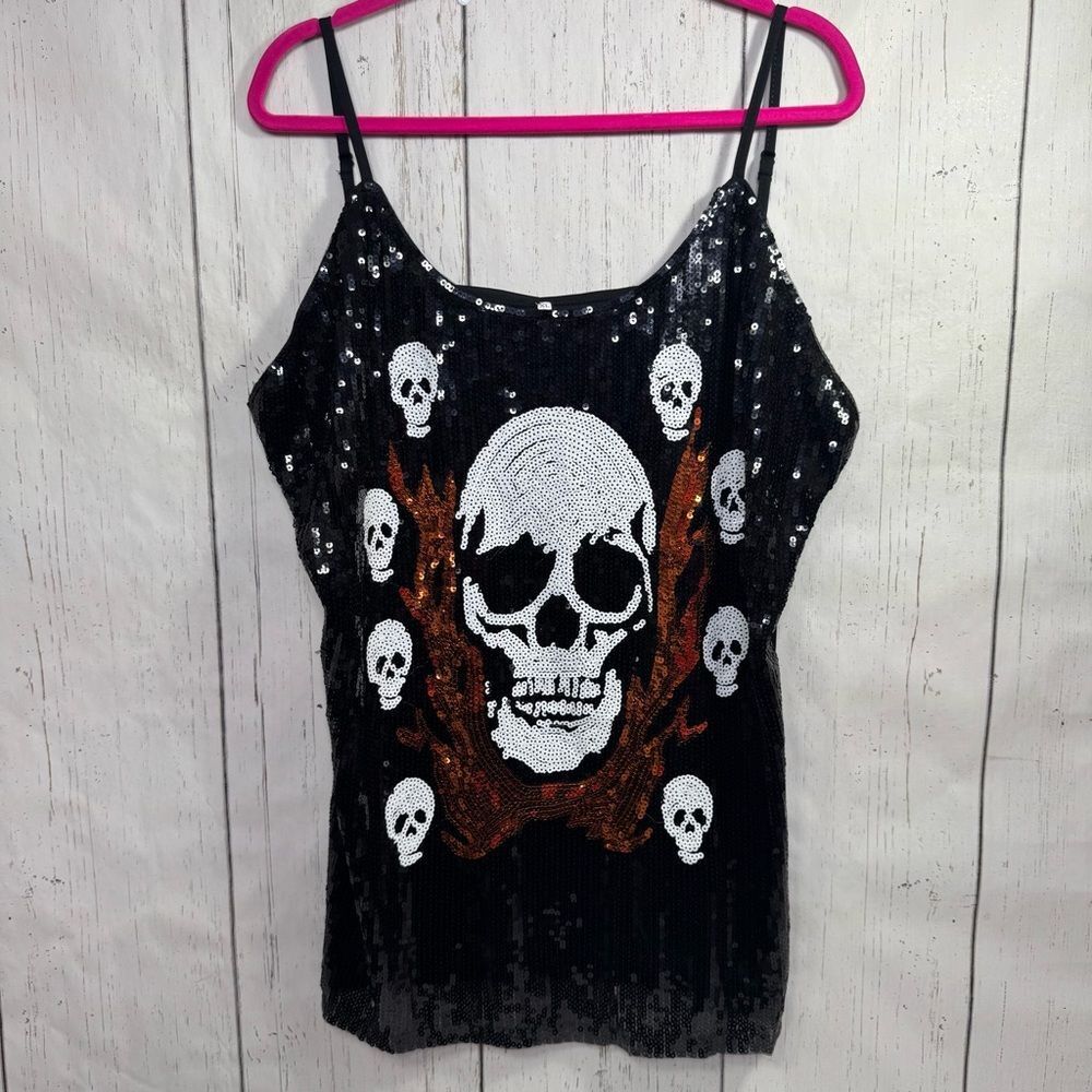 Black Womens Sequin Skull Cami Tank Top Dress Gothic Halloween Partywear Edgy